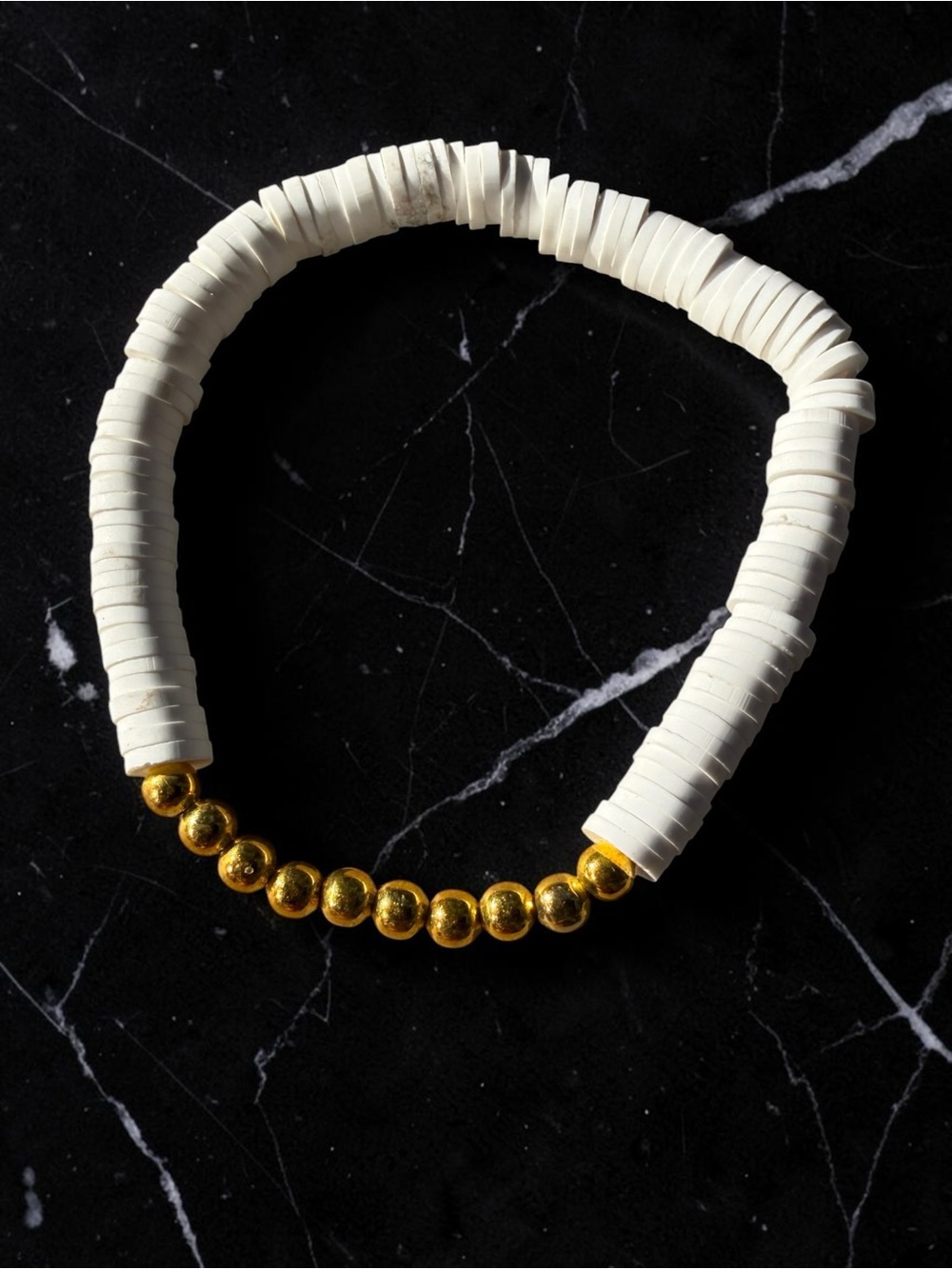 White Clay Heishi Bead Stretch Bracelet Boho Coastal Gold Accent Disc Stackable - Picture 3 of 8